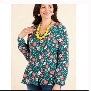 Matilda Jane Blouse Womens Medium Green Red Floral Tunic Top Button‎ Up